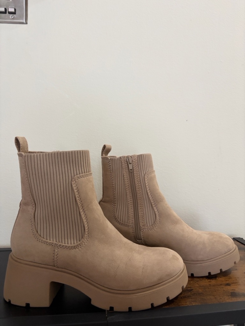 Chunky Heel Ankle Booties in Taupe